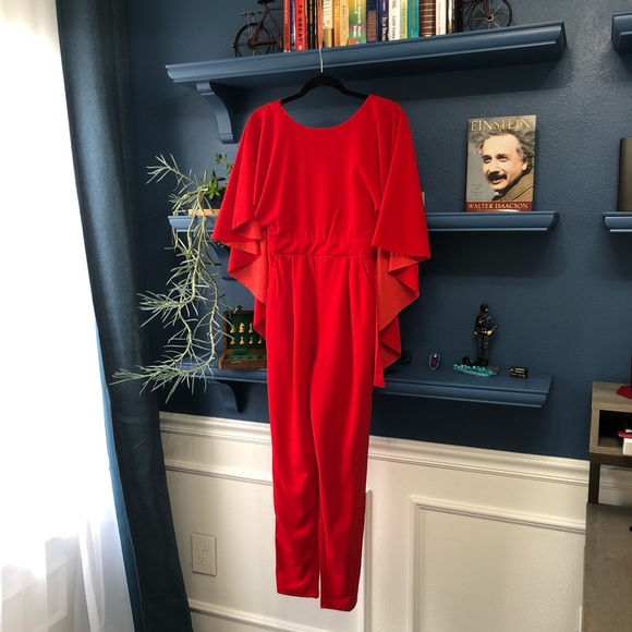 Cape Shoulder Backless Red Tapered Jumpsuit - Picture 6 of 8